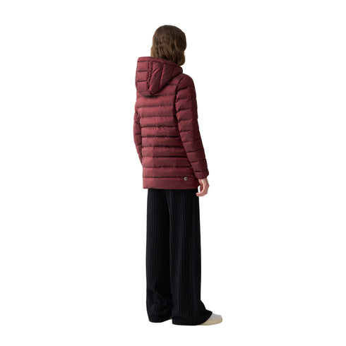 Piumino Donna lungo, con cappuccio dotato di coulisse e zip frontale